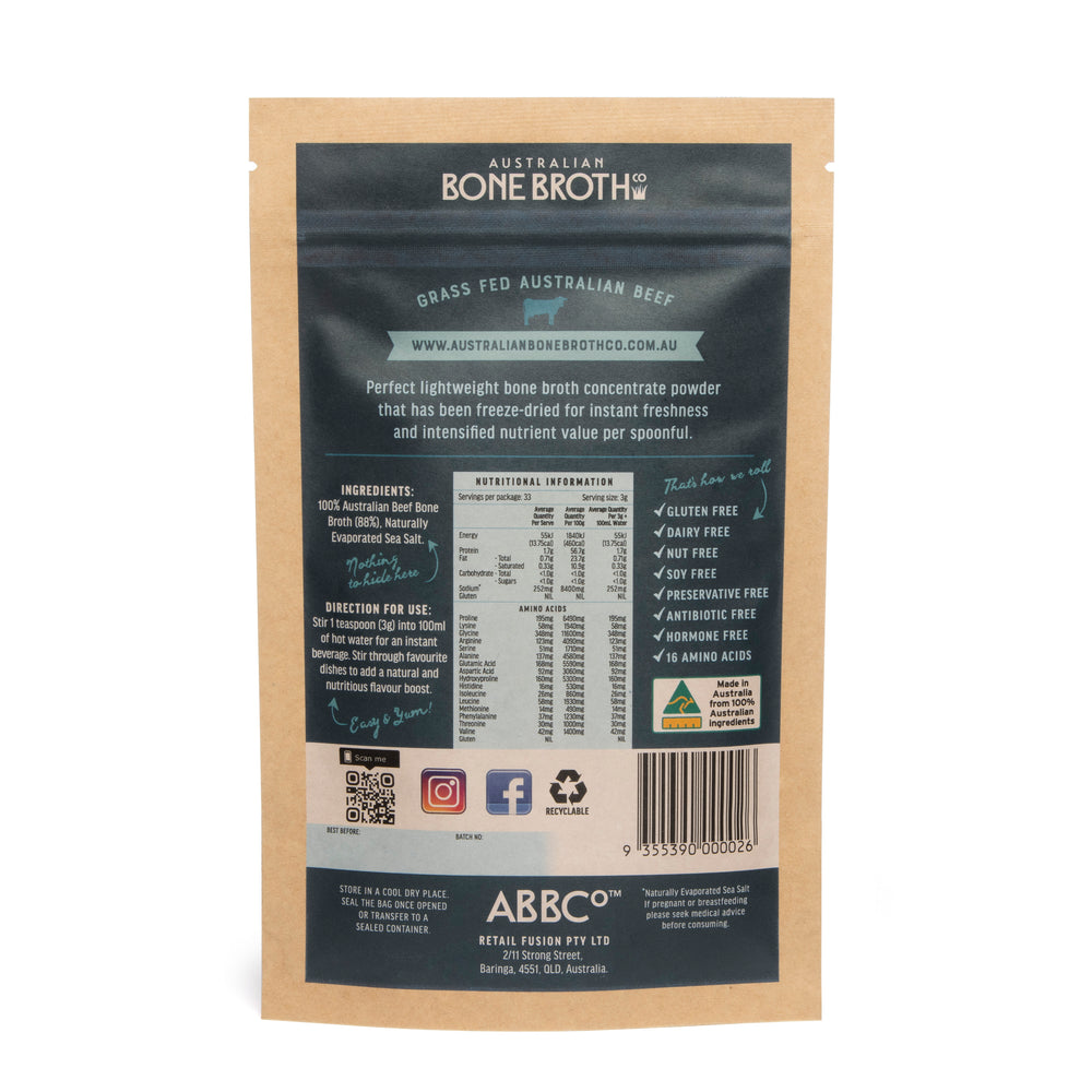 
                      
                        Natural Beef Bone Broth Concentrated Freeze-Dried Powder. 100gram
                      
                    