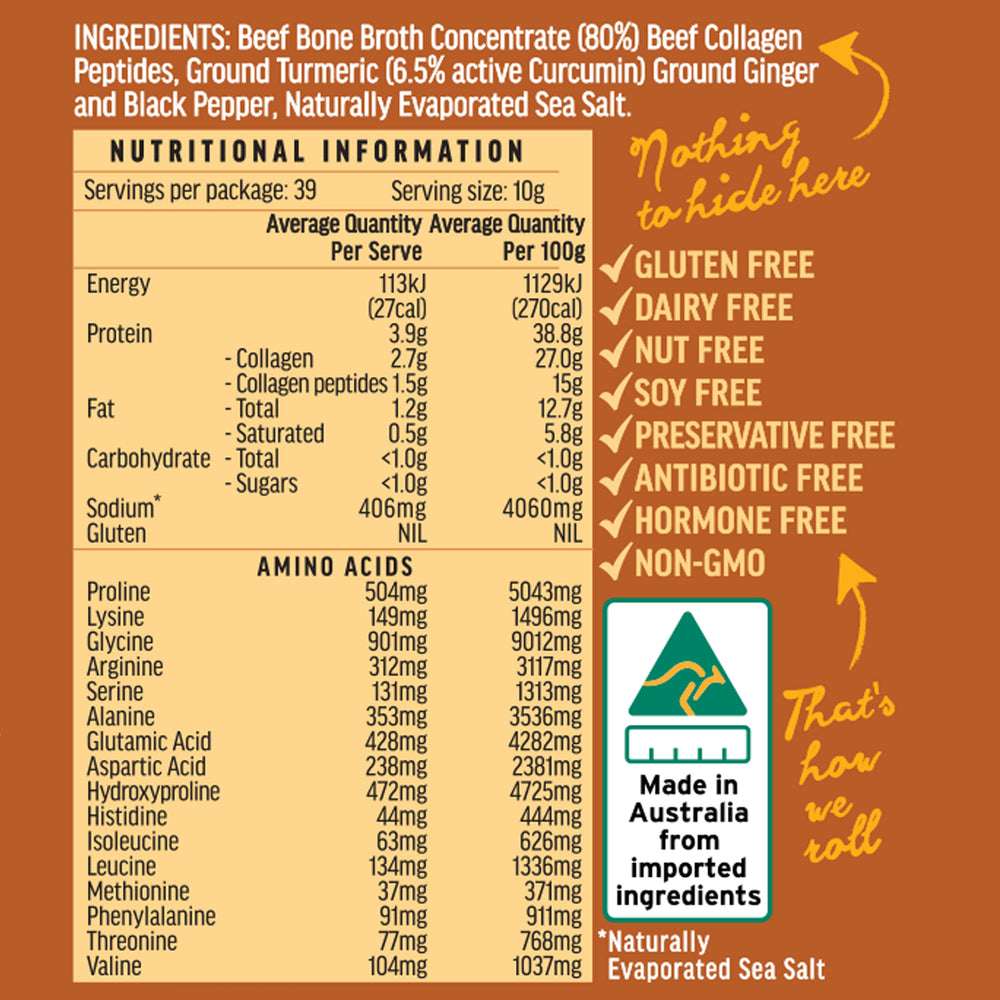 
                      
                        Turmeric Beef Broth Concentrate with Grass-Fed Collagen Peptides 395 grams - Halal Certified
                      
                    